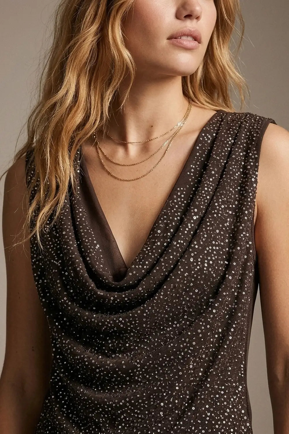 Brown Sequin Cowl Neck Sleeveless Top with mesh back - Shirts