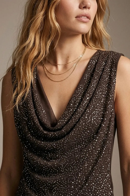 Brown Sequin Cowl Neck Sleeveless Top with mesh back - Shirts