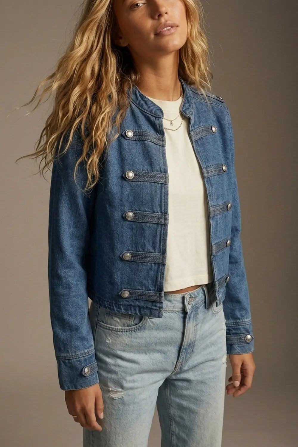 Denim Blue Rigid Non-Stretch Military Button Cropped Jacket - BLUE / ONE - Jackets
