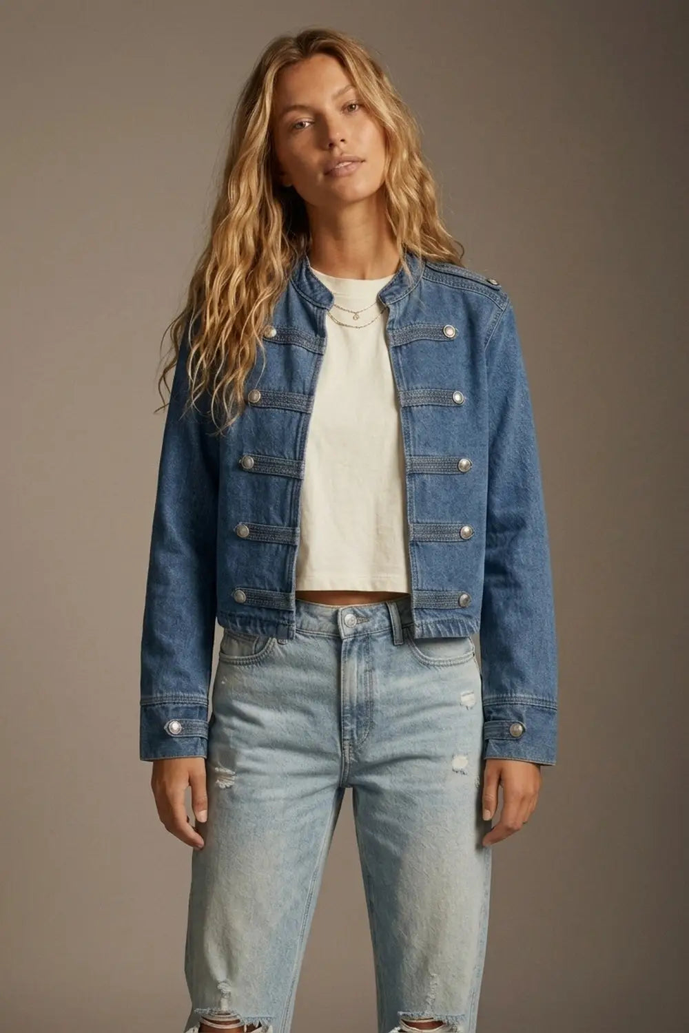 Denim Blue Rigid Non-Stretch Military Button Cropped Jacket - BLUE / ONE - Jackets