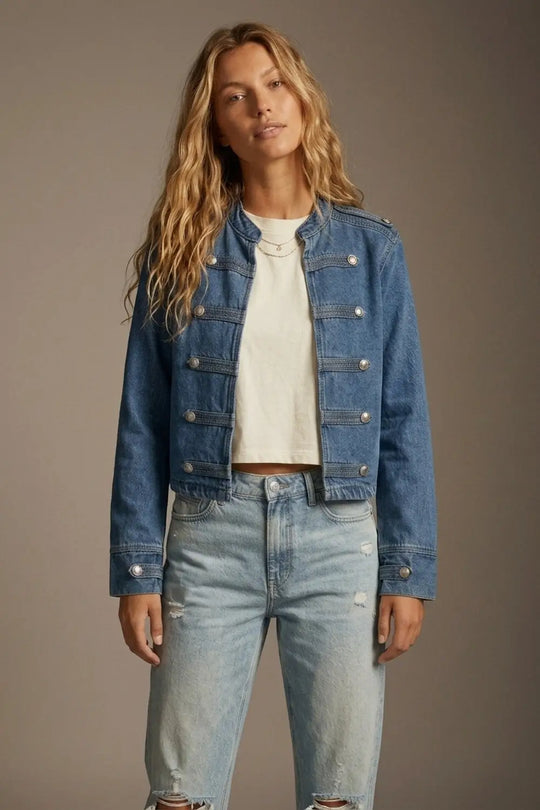 Denim Blue Rigid Non-Stretch Military Button Cropped Jacket - BLUE / ONE - Jackets
