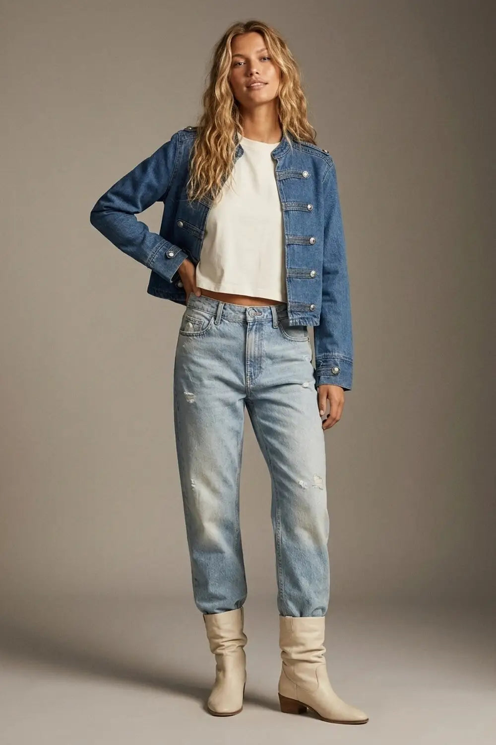 Denim Blue Rigid Non-Stretch Military Button Cropped Jacket - BLUE / ONE - Jackets