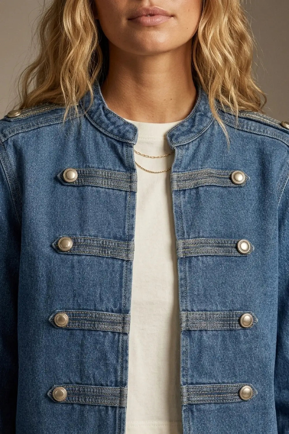 Denim Blue Rigid Non-Stretch Military Button Cropped Jacket - BLUE / ONE - Jackets