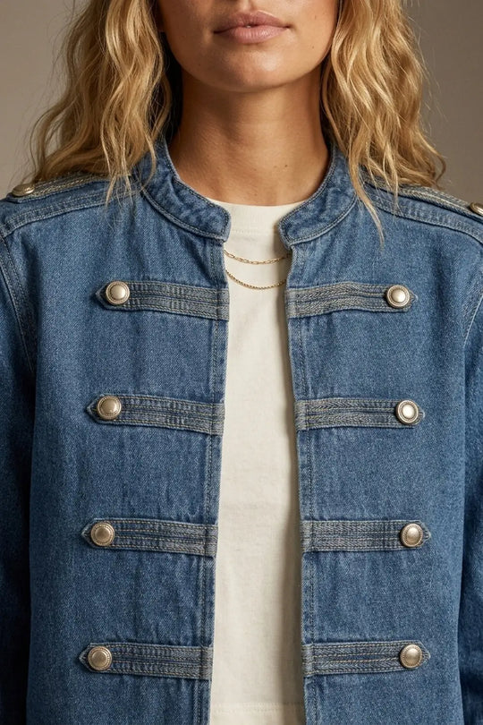 Denim Blue Rigid Non-Stretch Military Button Cropped Jacket - BLUE / ONE - Jackets