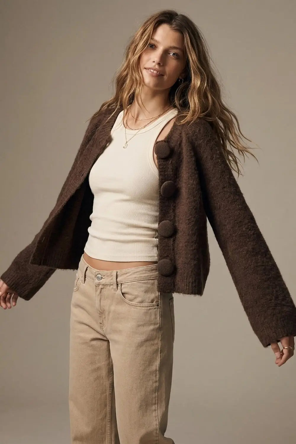 Brown Brushed fluffy Knit Covered Button Cropped Cardigan - BROWN / ONE - Cardigans