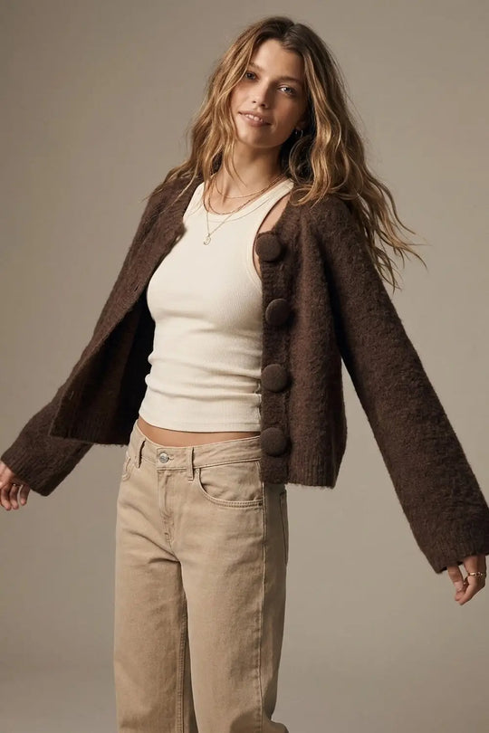 Brown Brushed fluffy Knit Covered Button Cropped Cardigan - BROWN / ONE - Cardigans