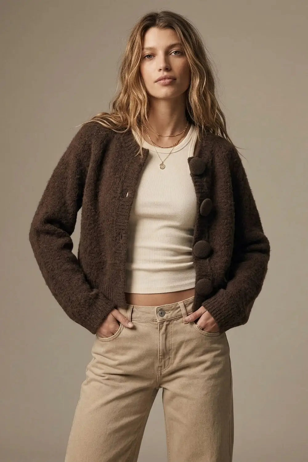 Brown Brushed fluffy Knit Covered Button Cropped Cardigan - BROWN / ONE - Cardigans