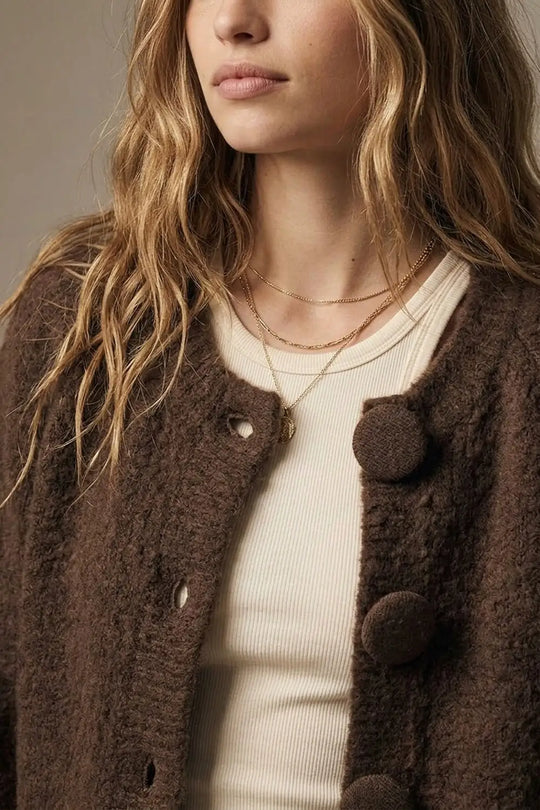 Brown Brushed fluffy Knit Covered Button Cropped Cardigan - BROWN / ONE - Cardigans