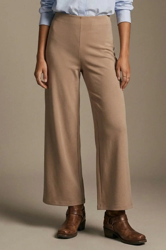 Dark Beige Soft Knit High Waist Wide Leg Pants without waistband - Pants
