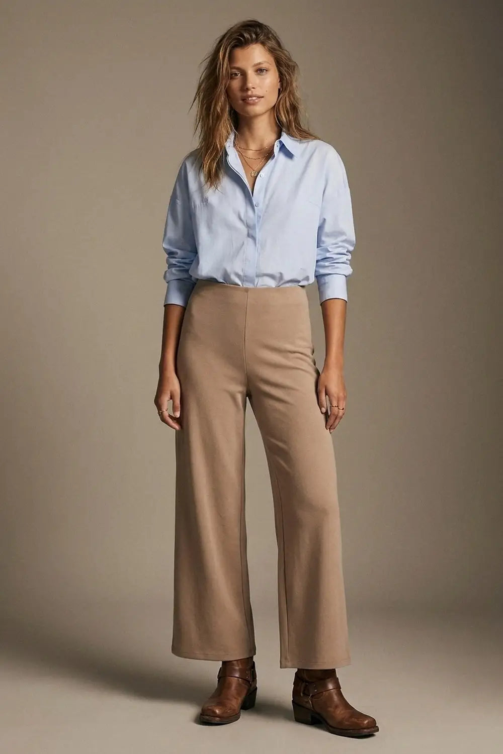 Dark Beige Soft Knit High Waist Wide Leg Pants without waistband - Pants
