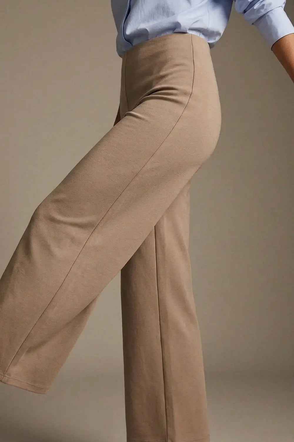 Dark Beige Soft Knit High Waist Wide Leg Pants without waistband - Pants