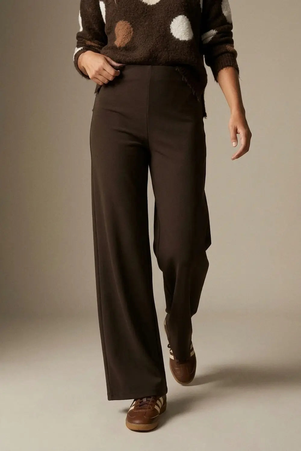 chocolate Brown Wide-Leg Stretch Knit Pants without waistband - Pants
