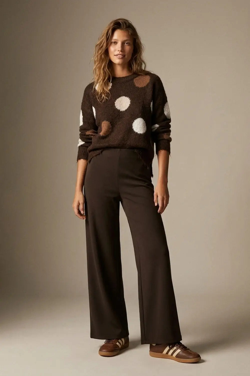 chocolate Brown Wide-Leg Stretch Knit Pants without waistband - Pants