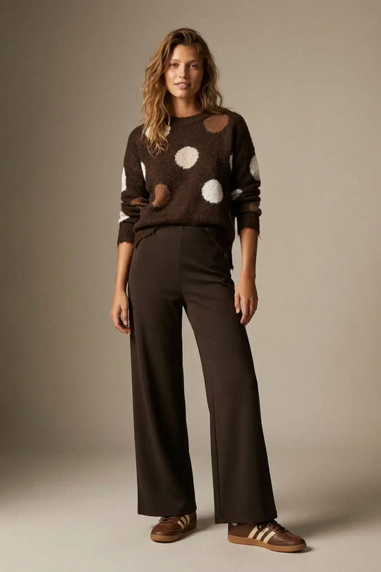 chocolate Brown Wide-Leg Stretch Knit Pants without waistband - Pants