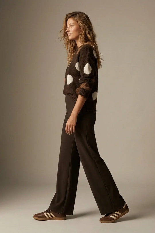 chocolate Brown Wide-Leg Stretch Knit Pants without waistband - Pants