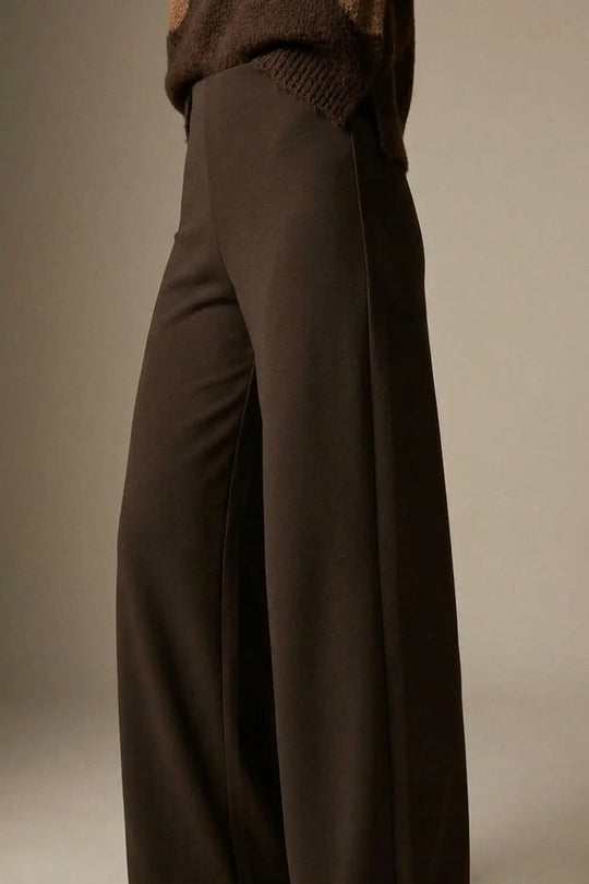 chocolate Brown Wide-Leg Stretch Knit Pants without waistband - Pants