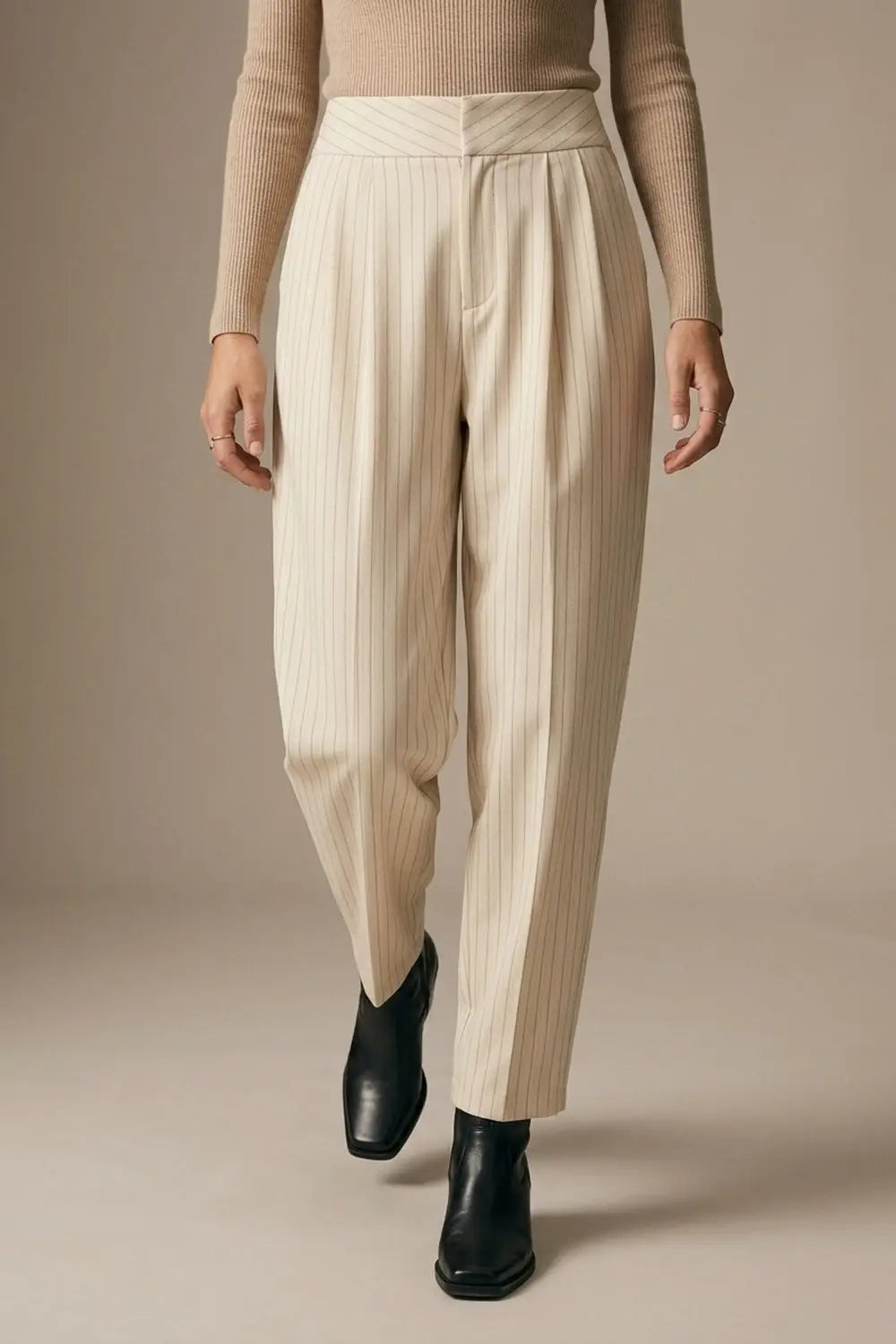 Cream Pinstripe soft Woven Pleated Tapered Pants