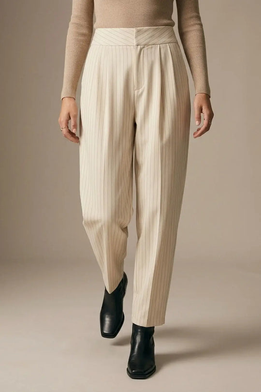 Cream Pinstripe soft Woven Pleated Tapered Pants