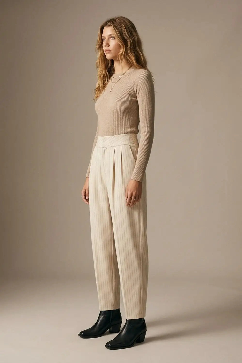 Cream Pinstripe soft Woven Pleated Tapered Pants
