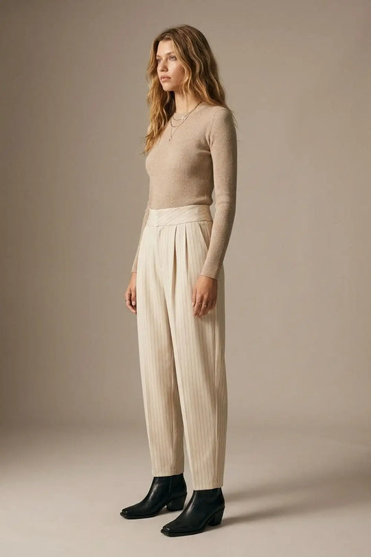 Cream Pinstripe soft Woven Pleated Tapered Pants