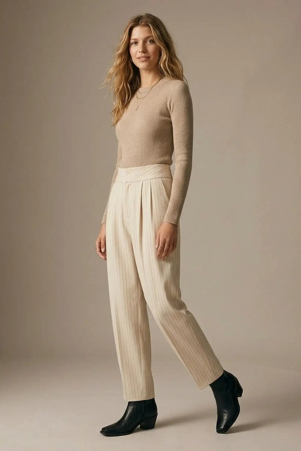 Cream Pinstripe soft Woven Pleated Tapered Pants