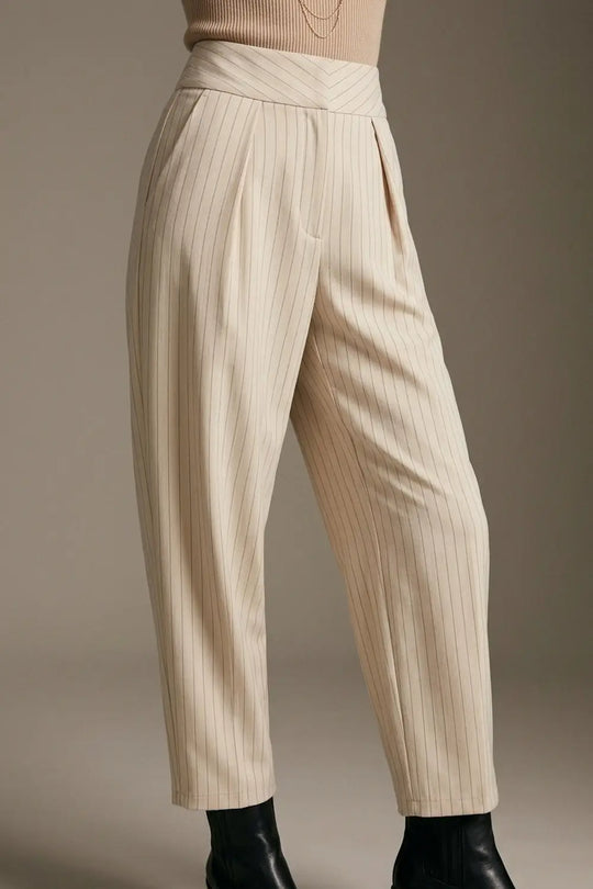 Cream Pinstripe soft Woven Pleated Tapered Pants
