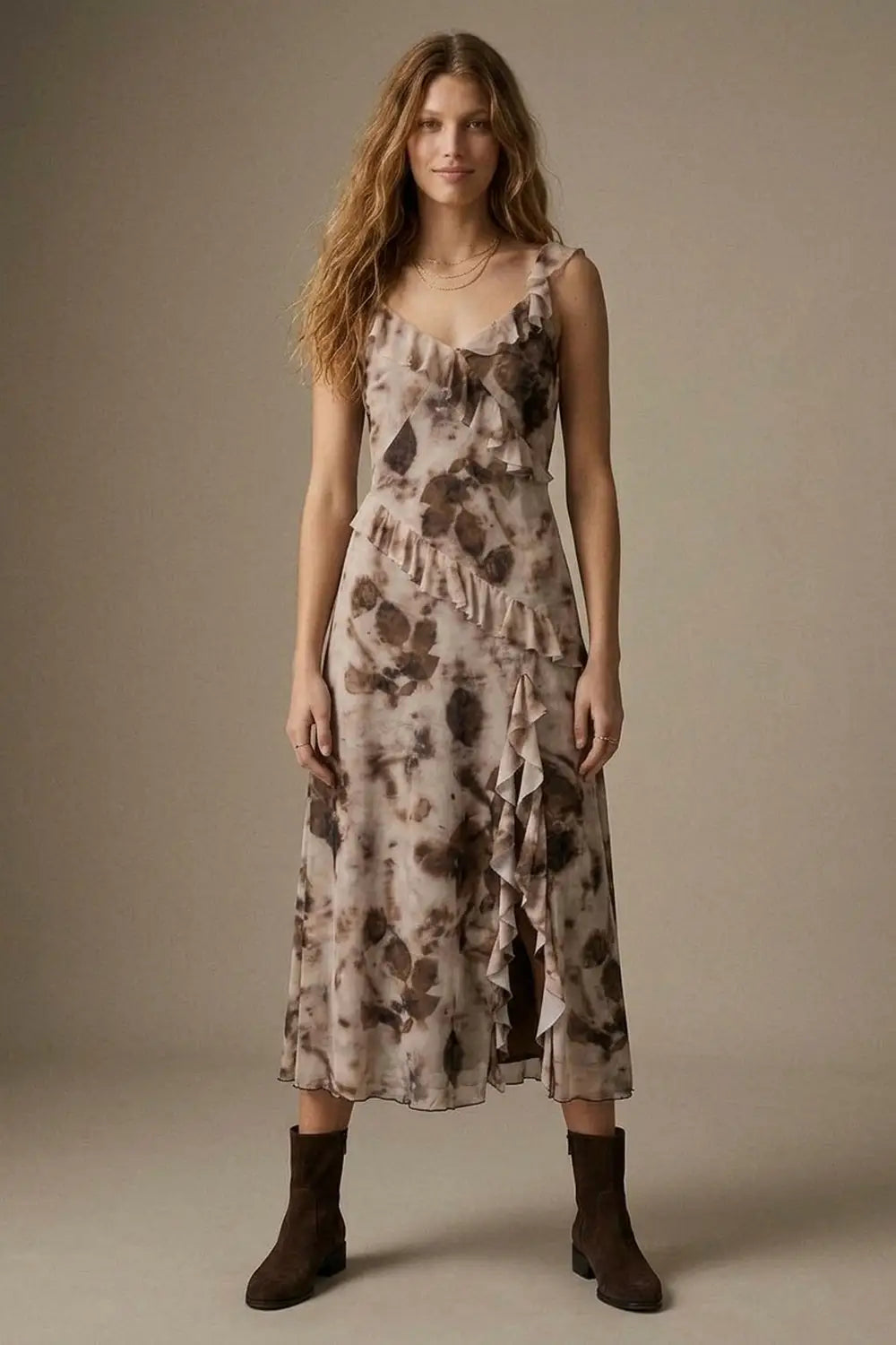 Beige Abstract Floral Chiffon Ruffle Trim V Neck Maxi Dress - Dresses