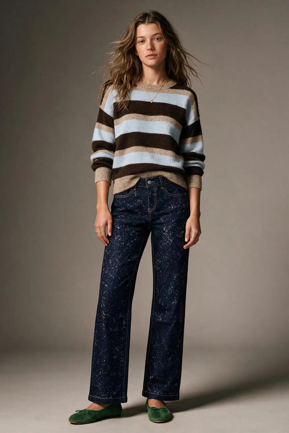 Dark Blue Wide Leg Jeans with glitter on the front