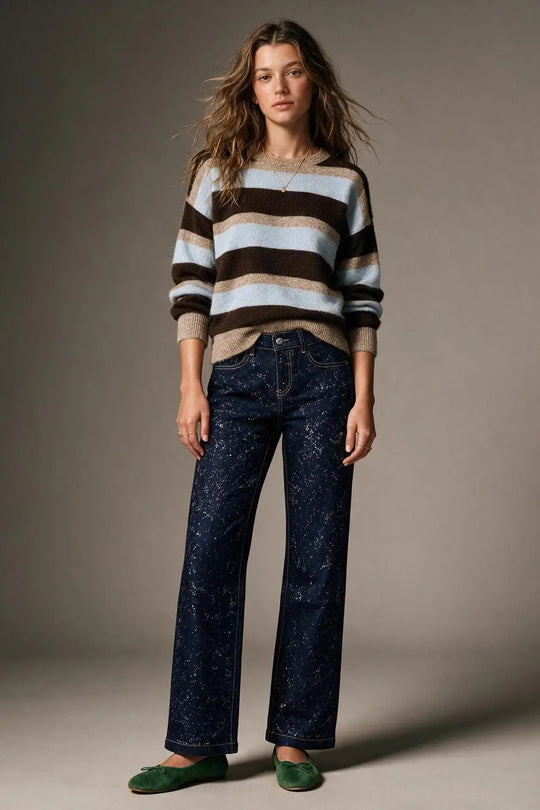 Dark Blue Wide Leg Jeans with glitter on the front