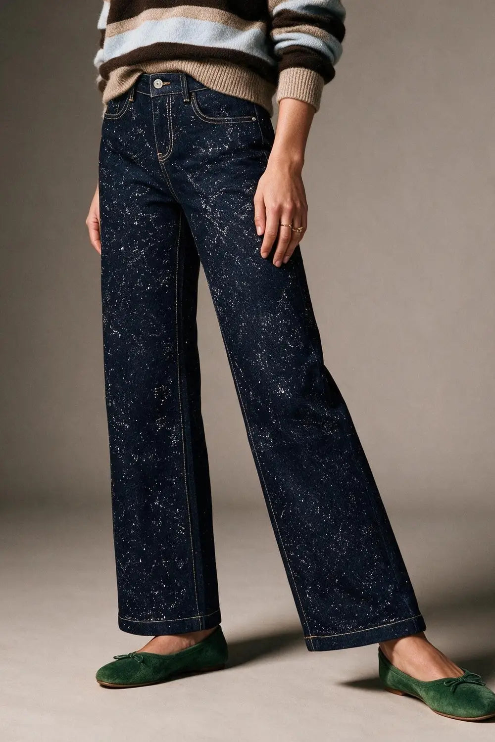 Dark Blue Wide Leg Jeans with glitter on the front