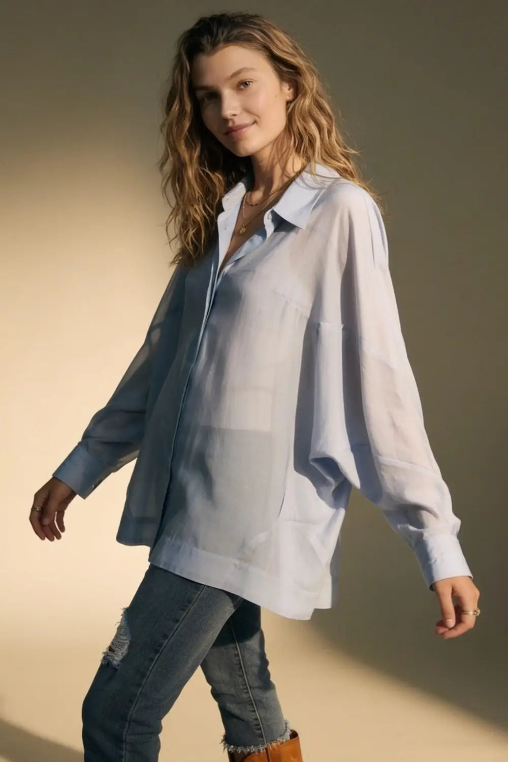 Light Blue oversized fit Shirt in translucent fabric with wide sleeves - BLUE / ONE - Shirts