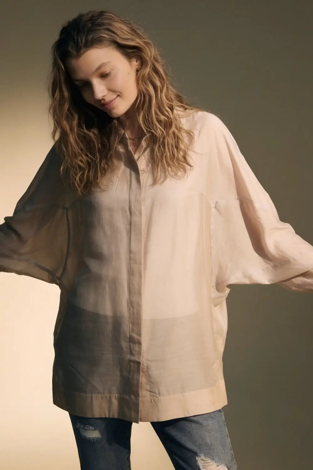 Beige oversized fit Shirt in translucent fabric with wide sleeves - BEIGE / ONE - Shirts