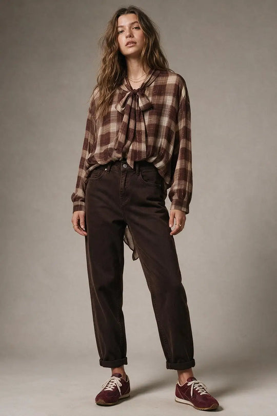 Brown Check printed Asymmetrical back Blouse in chiffon - Shirts
