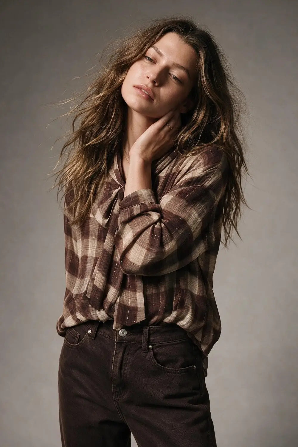 Brown Check printed Asymmetrical back Blouse in chiffon - Shirts