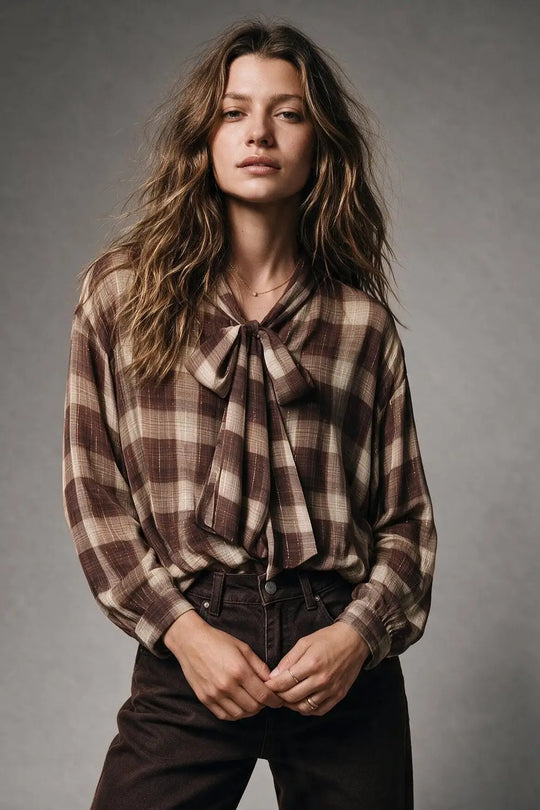 Brown Check printed Asymmetrical back Blouse in chiffon - Shirts