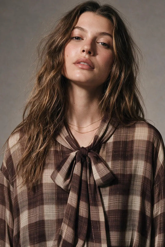 Brown Check printed Asymmetrical back Blouse in chiffon - Shirts