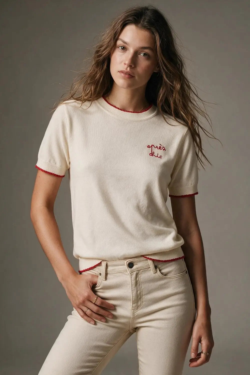 Cream Fine Knit Embroidered Short Sleeve sweater with red Trim - CREAM / ONE - Sweaters