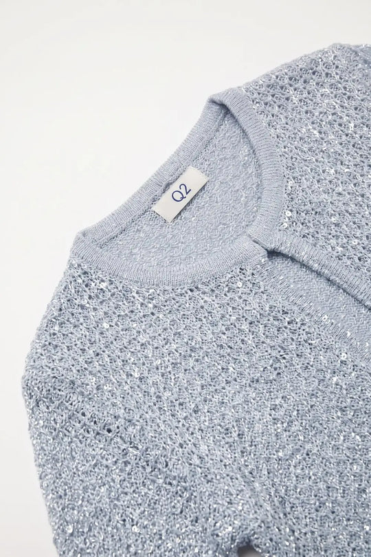 Light Blue Sequined Pointelle Short Sleeve Cardigan