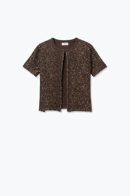 Brown Sequined Soft Knit Ribbed Trim Short Sleeve Cardigan