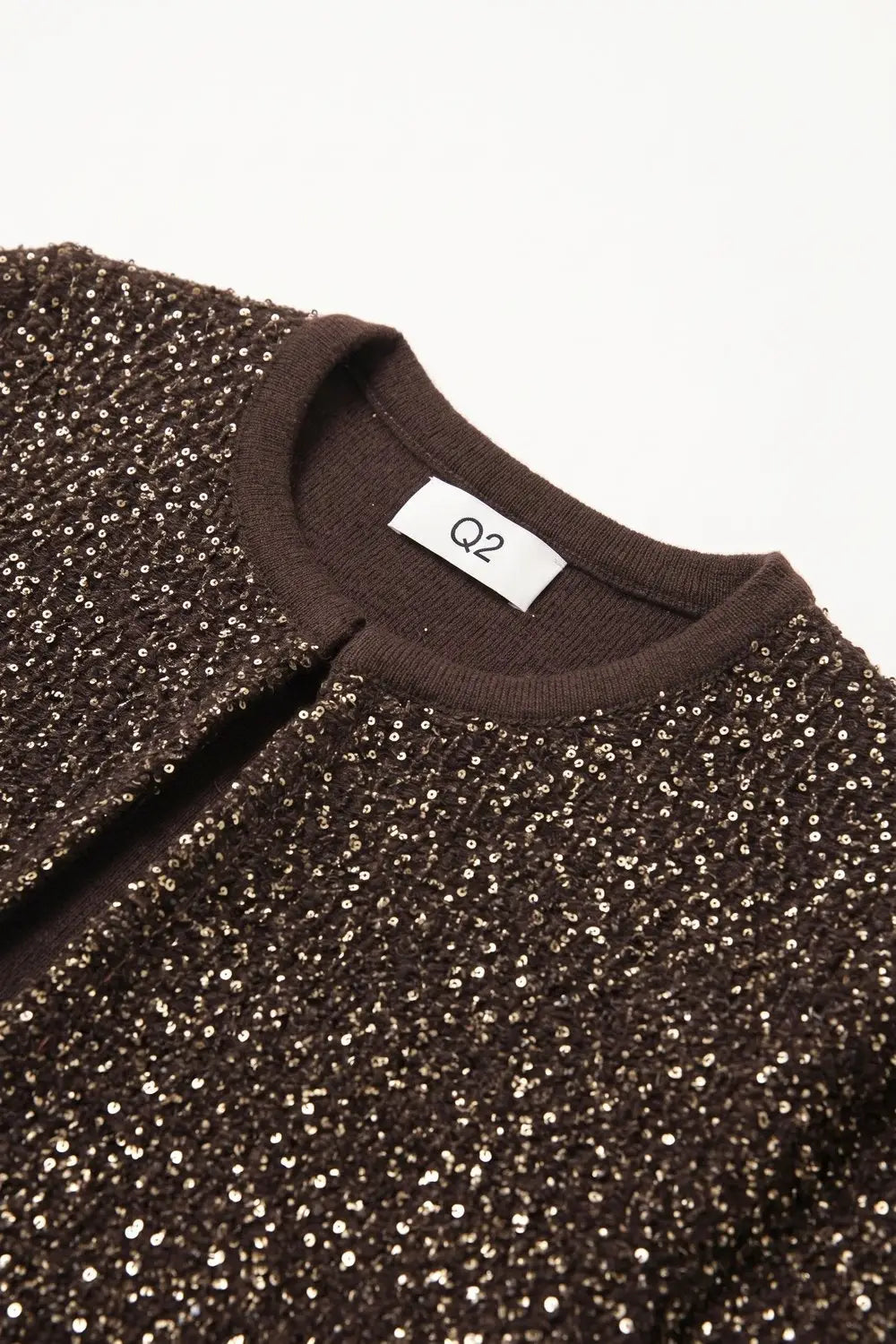 Brown Sequined Soft Knit Ribbed Trim Short Sleeve Cardigan