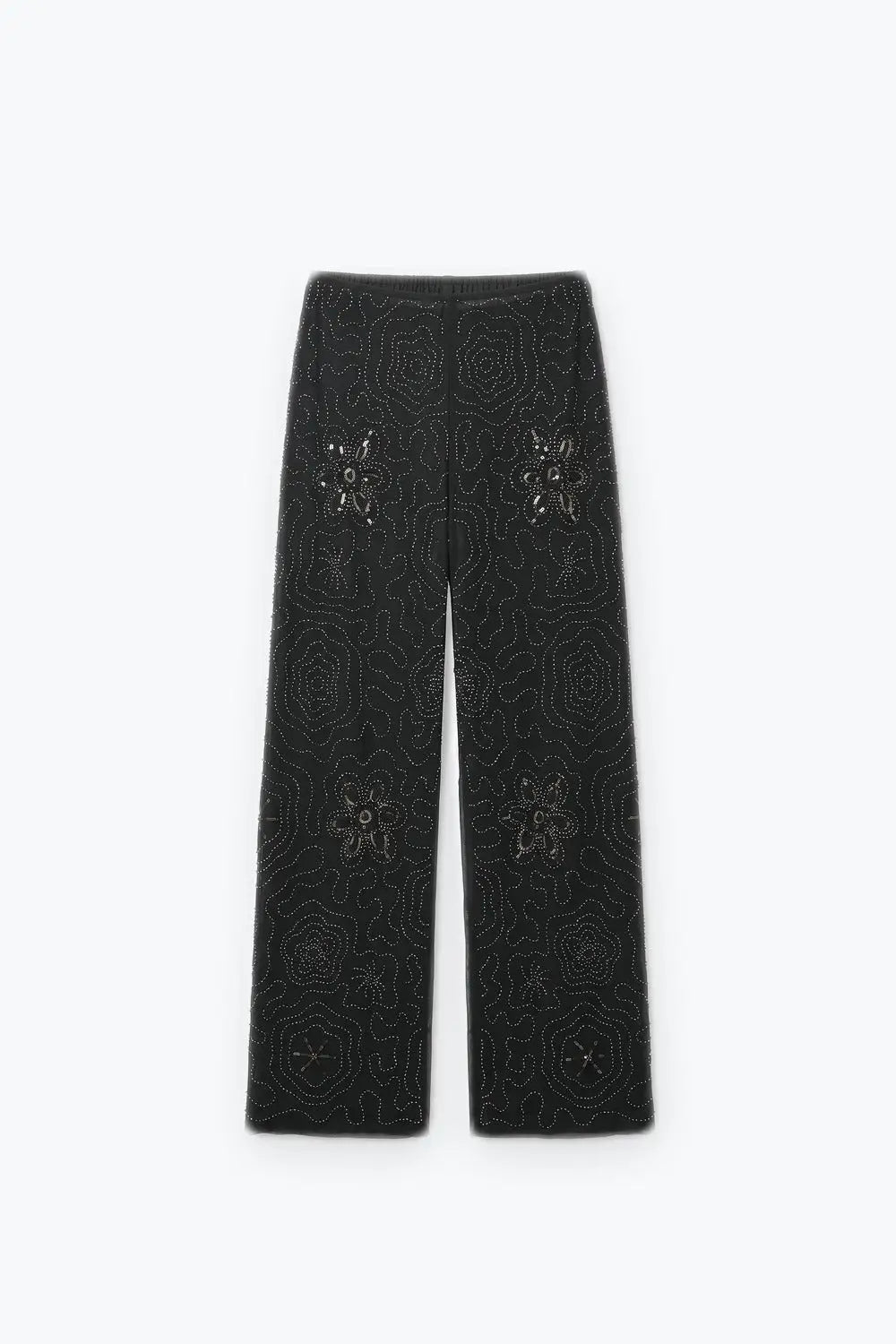 Black Floral Beaded Sheer Mesh Wide Leg Pants and sequins