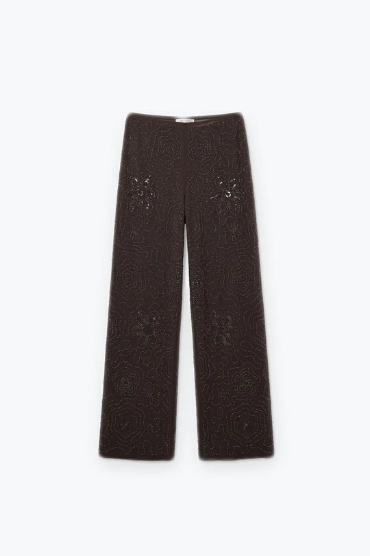 Brown Sequined Beaded Floral Woven Wide Leg Pants