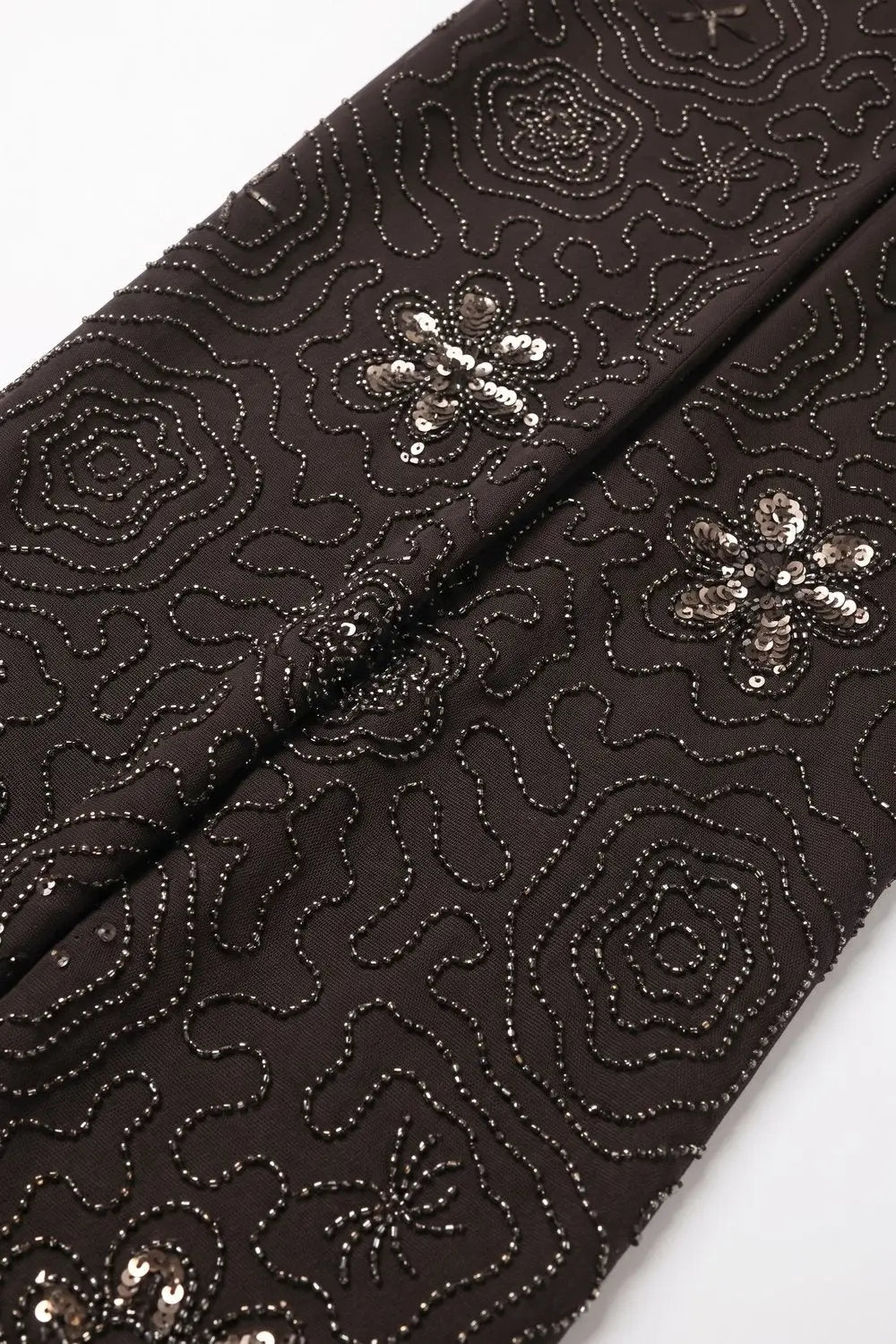 Brown Sequined Beaded Floral Woven Wide Leg Pants