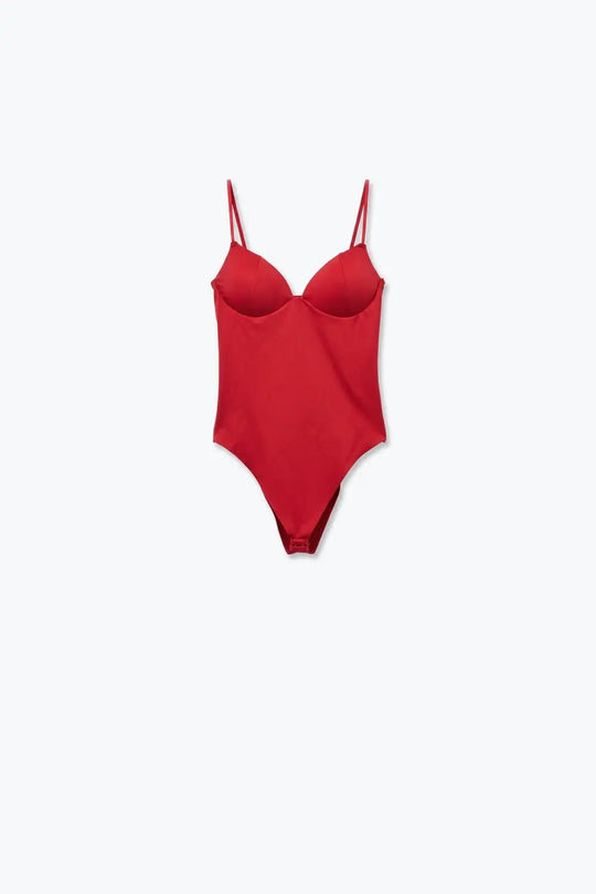 Red Stretch Jersey Underwire Cup Spaghetti Strap Bodysuit