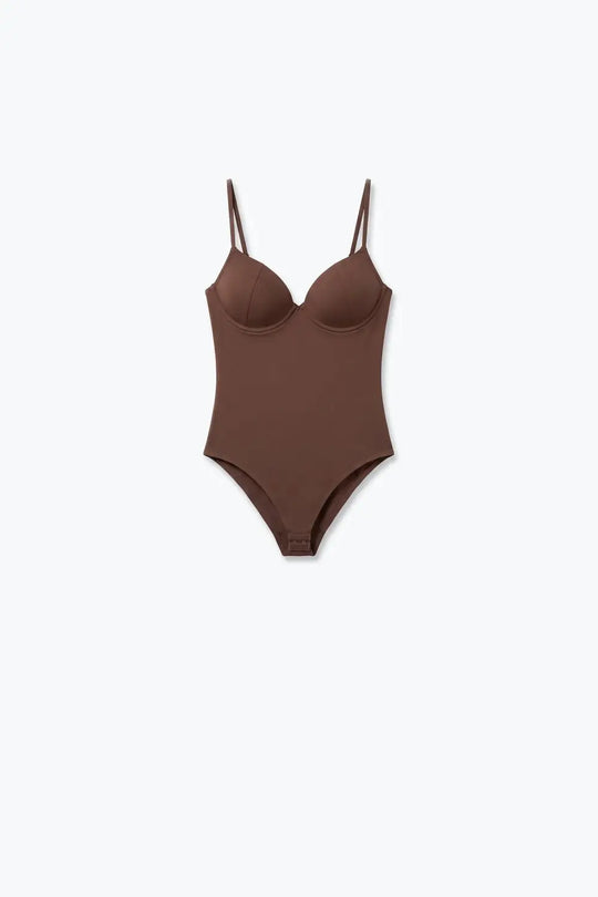 Brown Stretch Jersey Underwire Cup Fixed Strap Bodysuit