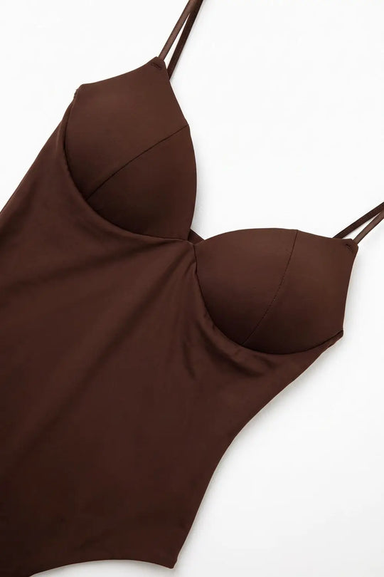 Brown Stretch Jersey Underwire Cup Fixed Strap Bodysuit