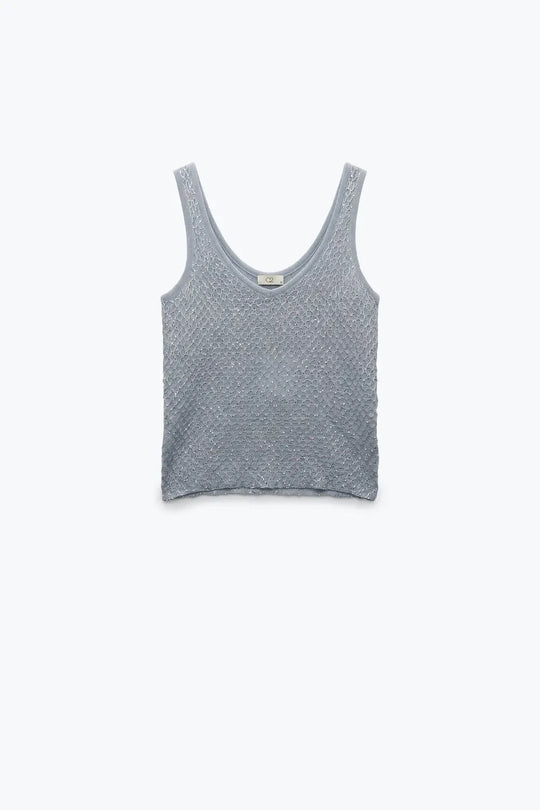Light Blue Sequined knitted Crochet V Neck Cropped Tank Top