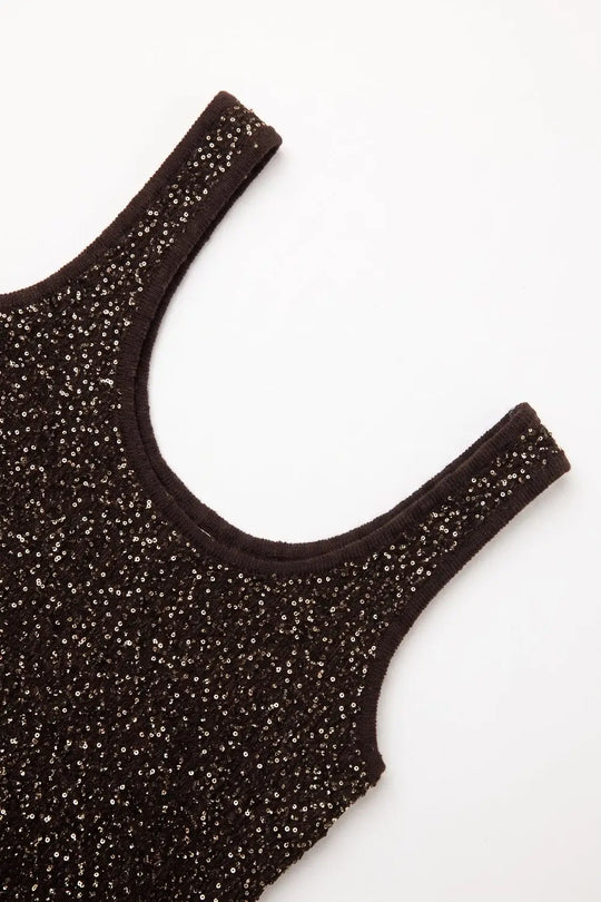 Brown Sequined knitted Scoop Neck Sleeveless Tank Top