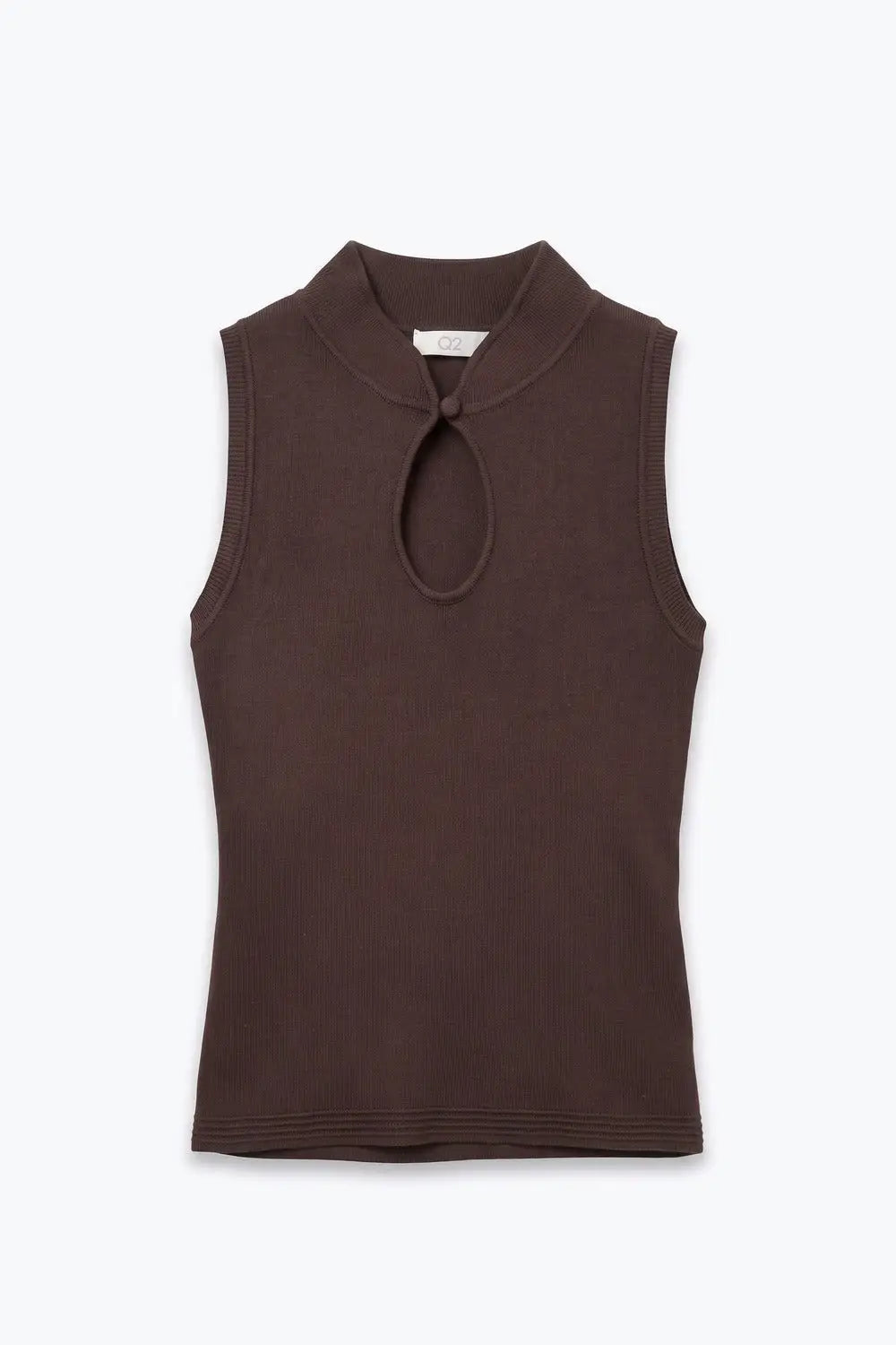 Brown Ribbed Knit High Neck Keyhole Sleeveless Top