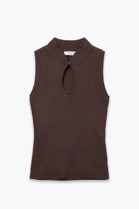 Brown Ribbed Knit High Neck Keyhole Sleeveless Top
